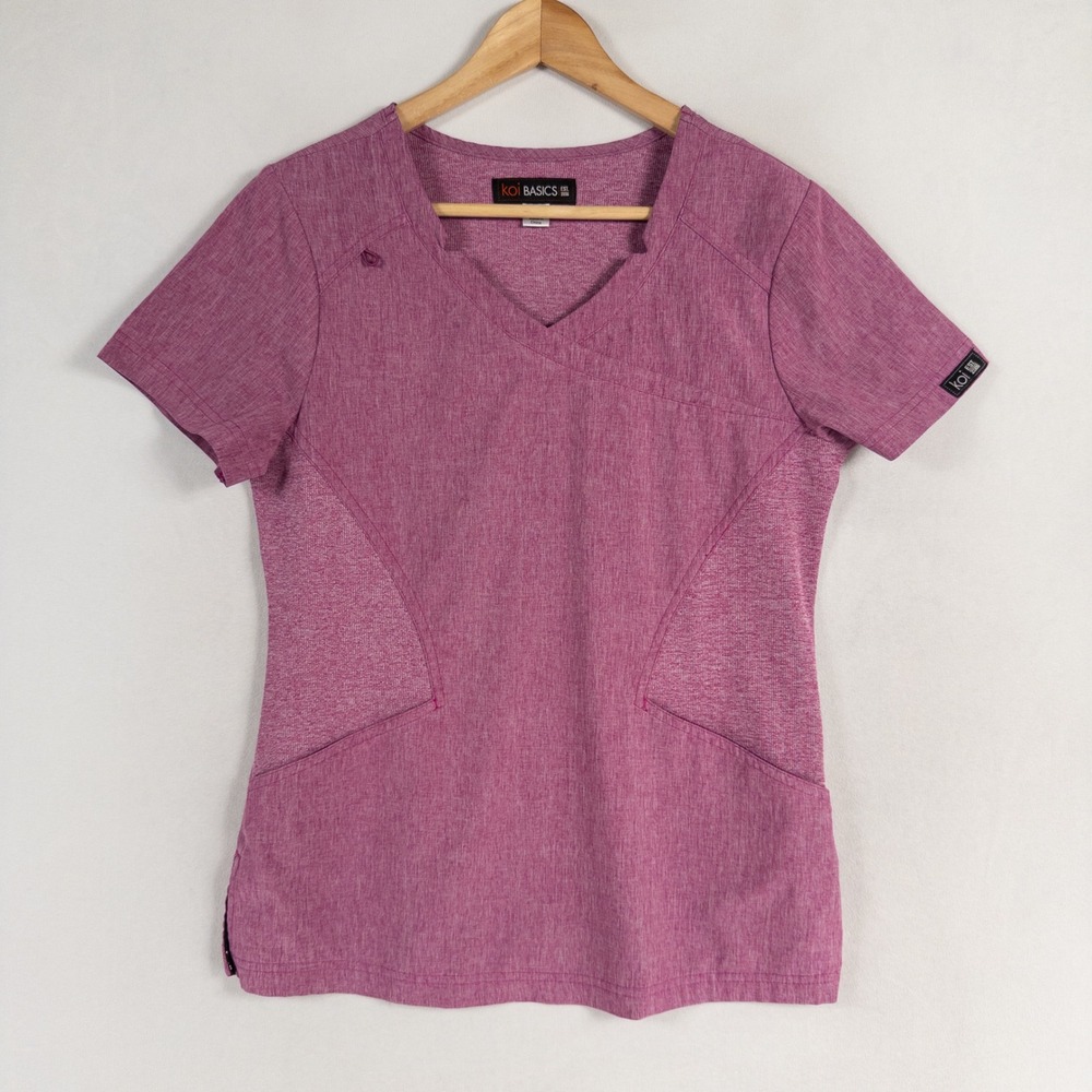 Koi Basics Scrub Top Small Purple Heather V Neck Short Sleeve Polyester Spandex